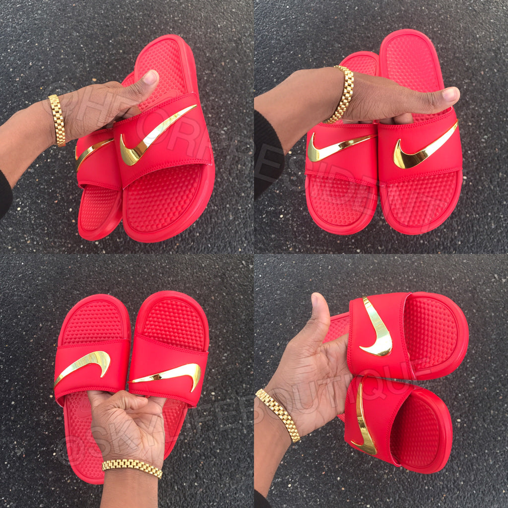 Nike Benassi Swoosh Red Golden Check Slides – SkyLife