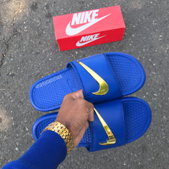 All Red Nike Benassi Slides Custom with Gold Check
