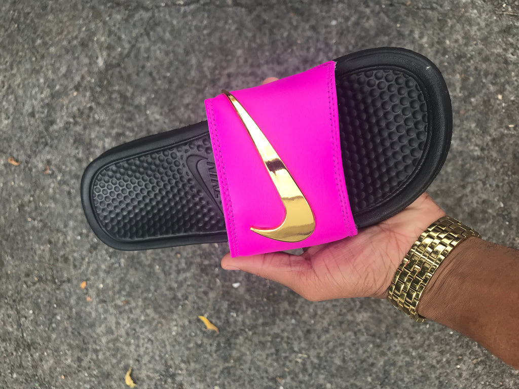 Hot Pink Strap Nike Benassi Swoosh Gold Check Slides -Pre Order