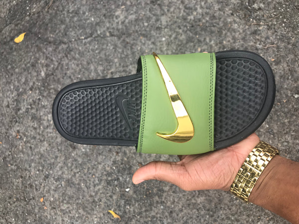 Nike Benassi "Olive Strap"  Swoosh Gold Check Slides-Pre Order