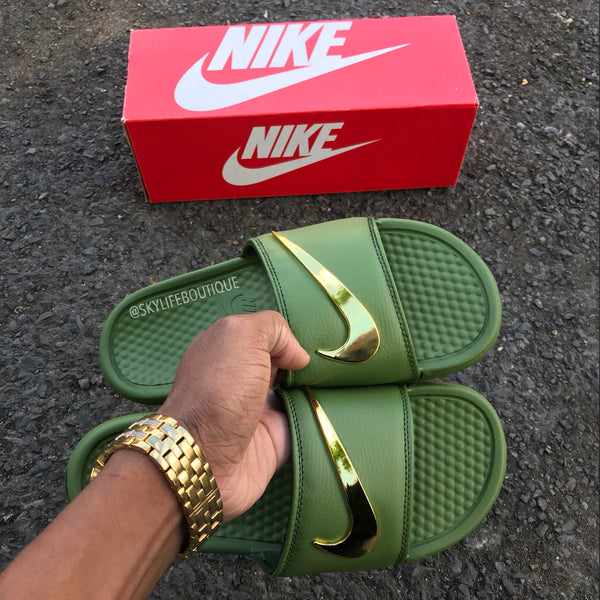 Nike Benassi "Olive" Gold Check Slides