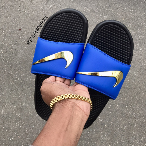Blue Nike Benassi Swoosh Gold Check Slides - Pre Order